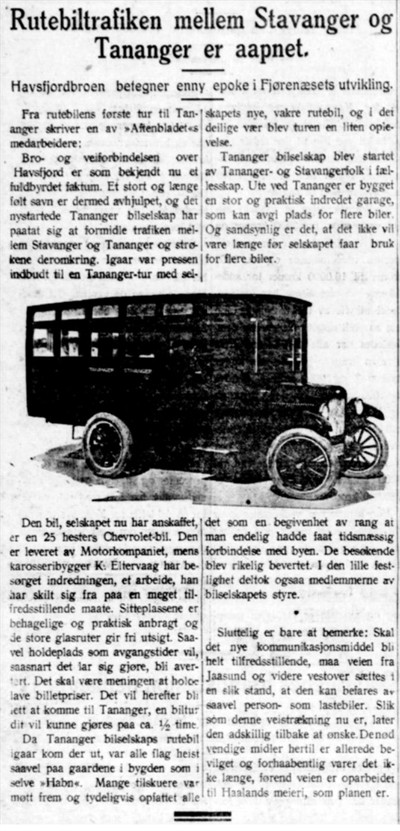1925.07.04 - Aftenbladet - Tananger bilselskap - Rutebiltrafikk mellom Stavanger og Tananger åpnet